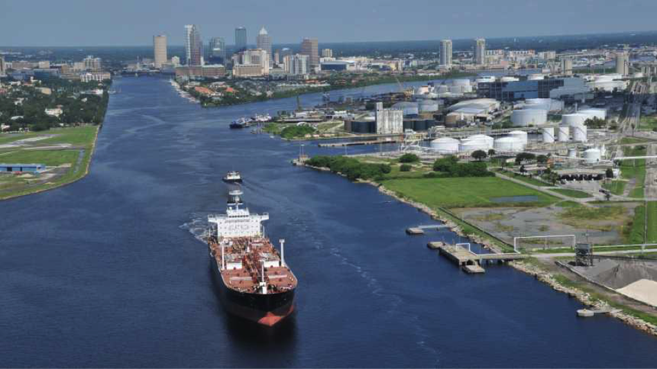 Photo credit: Port of Tampa. A ship transits up the marine channel in Tampa Bay.